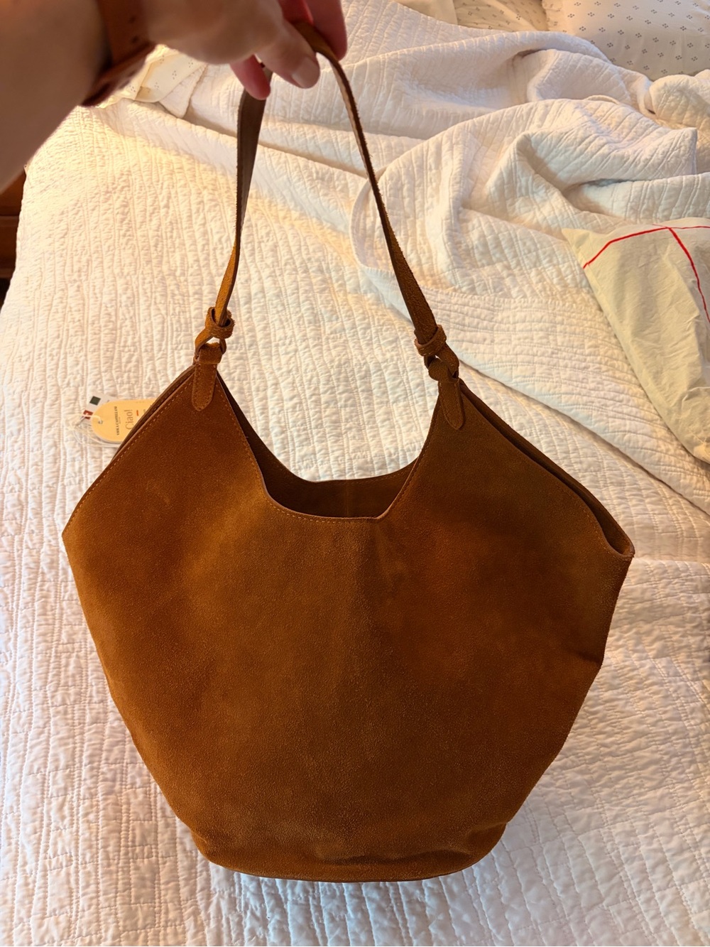 TJ Maxx Suede Lotus Tote in Cognac Brown - Picture 3 of 12